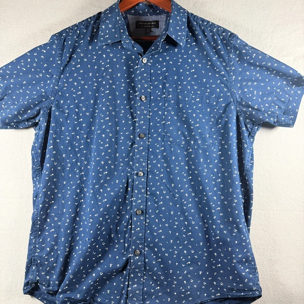 BANANA REPUBLIC MENS L SOFT WASH STANDARD FIT FLORAL SHORT SLEEVE SHIRT BLUE